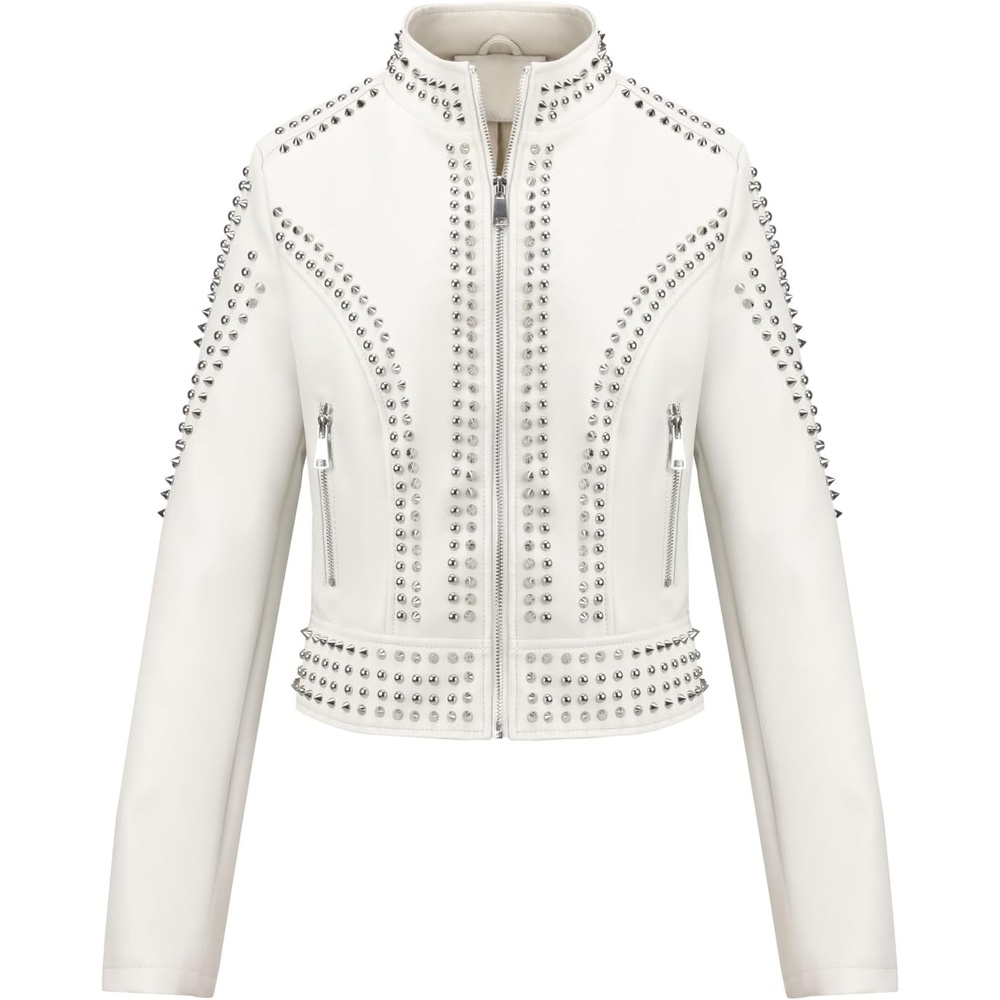 image:imageBellivera Womens Faux Leather Moto Studded Rivet Casual Jacket Short Slim Fit Biker Coat Rock Punk Fashion Streetwear Coat with Soft Smooth Lining Zipper Pockets for Spring and FallStand Collar White