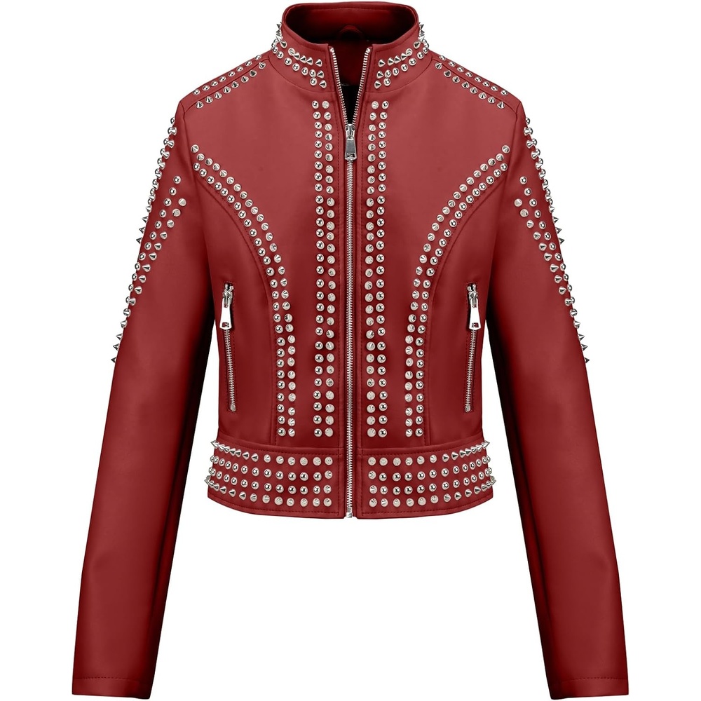 image:imageBellivera Womens Faux Leather Moto Studded Rivet Casual Jacket Short Slim Fit Biker Coat Rock Punk Fashion Streetwear Coat with Soft Smooth Lining Zipper Pockets for Spring and FallStand Collar Red