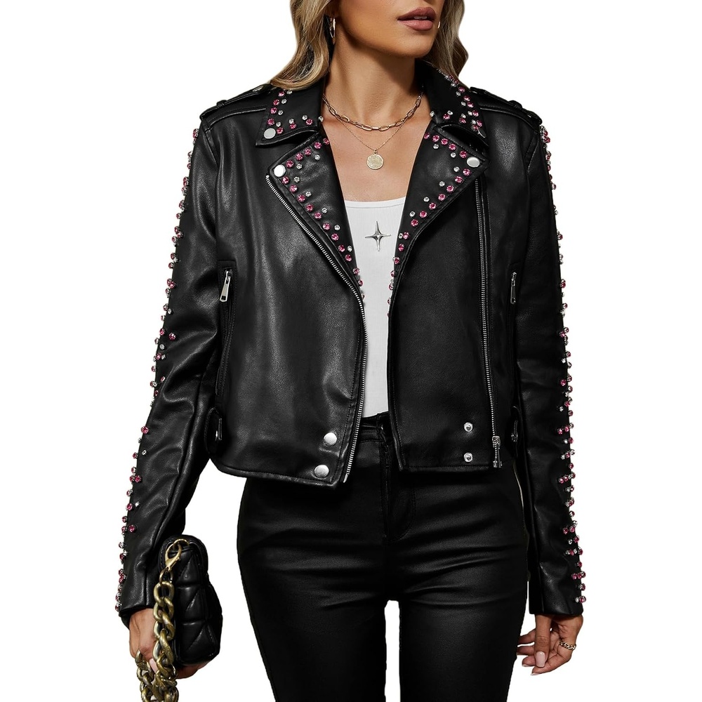 image:imageBellivera Womens Faux Leather Moto Studded Rivet Casual Jacket Short Slim Fit Biker Coat Rock Punk Fashion Streetwear Coat with Soft Smooth Lining Zipper Pockets for Spring and FallBlack