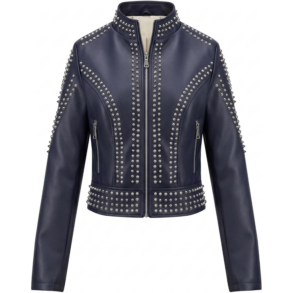 image:imageBellivera Womens Faux Leather Moto Studded Rivet Casual Jacket Short Slim Fit Biker Coat Rock Punk Fashion Streetwear Coat with Soft Smooth Lining Zipper Pockets for Spring and FallStand Collar Deep Blue
