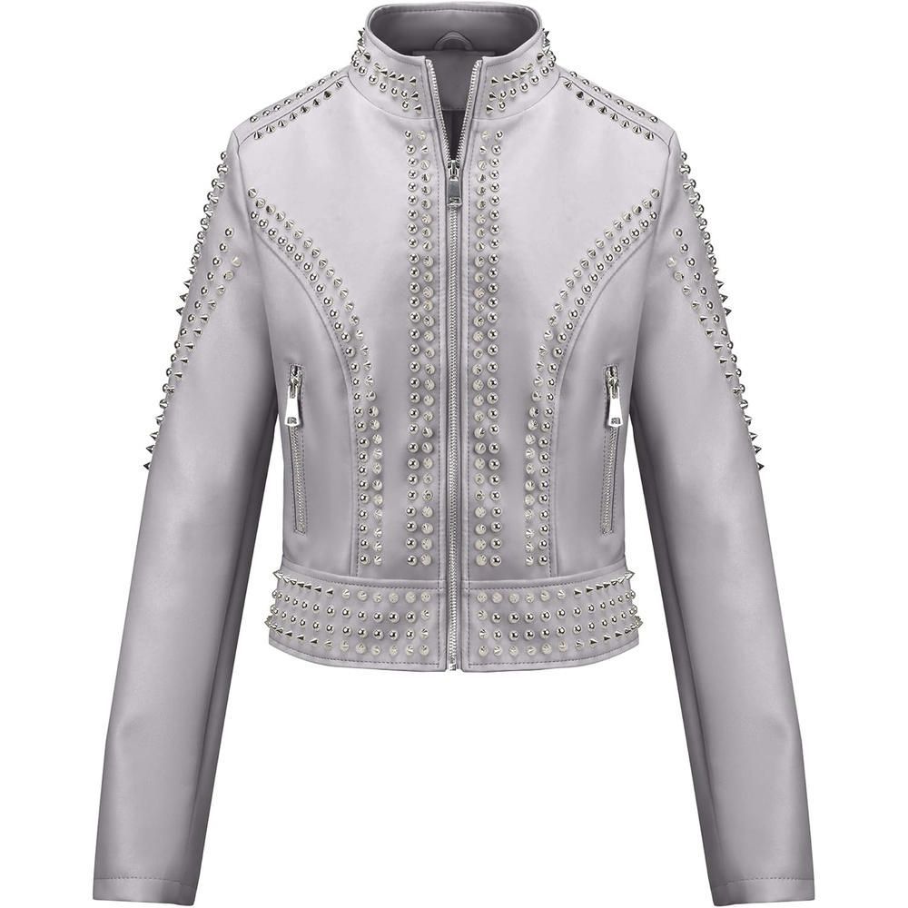 image:imageBellivera Womens Faux Leather Moto Studded Rivet Casual Jacket Short Slim Fit Biker Coat Rock Punk Fashion Streetwear Coat with Soft Smooth Lining Zipper Pockets for Spring and FallStand Collar Gray