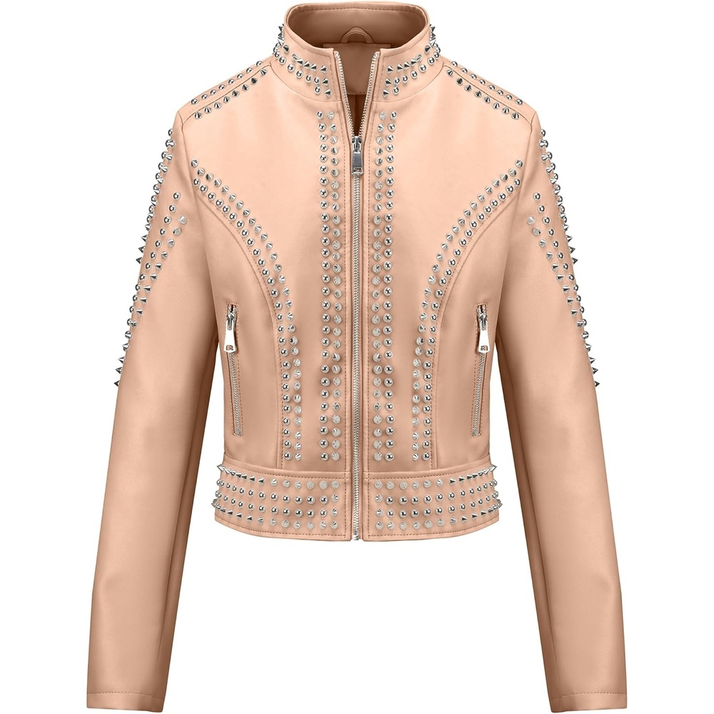 image:imageBellivera Womens Faux Leather Moto Studded Rivet Casual Jacket Short Slim Fit Biker Coat Rock Punk Fashion Streetwear Coat with Soft Smooth Lining Zipper Pockets for Spring and FallStand Collar Khaki
