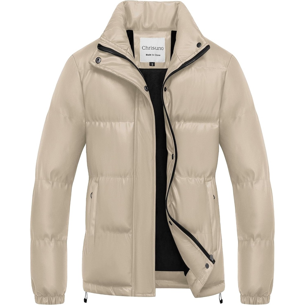 image:imageChrisuno Womens Short FauxLeather Puffer Jacket Fleece Lined Vegan Leather Winter Coat Waterproof Bubble JacketsBeige