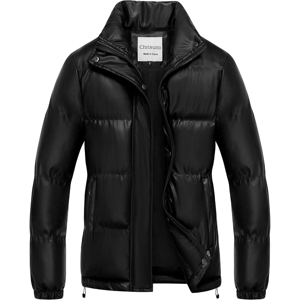 image:imageChrisuno Womens Short FauxLeather Puffer Jacket Fleece Lined Vegan Leather Winter Coat Waterproof Bubble JacketsBlack