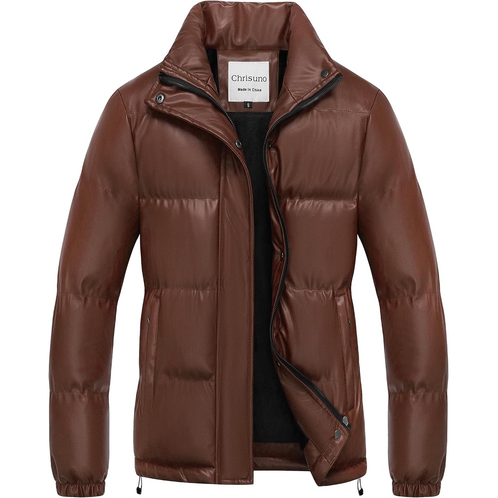 image:imageChrisuno Womens Short FauxLeather Puffer Jacket Fleece Lined Vegan Leather Winter Coat Waterproof Bubble JacketsBrown