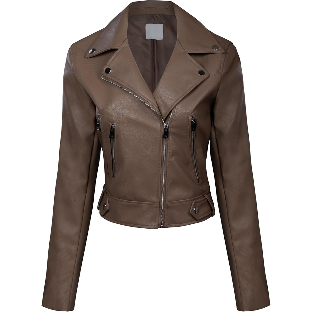 image:imageDesign by Olivia Womens Long Sleeve Zipper Closure Moto Biker Faux Leather JacketA Brown
