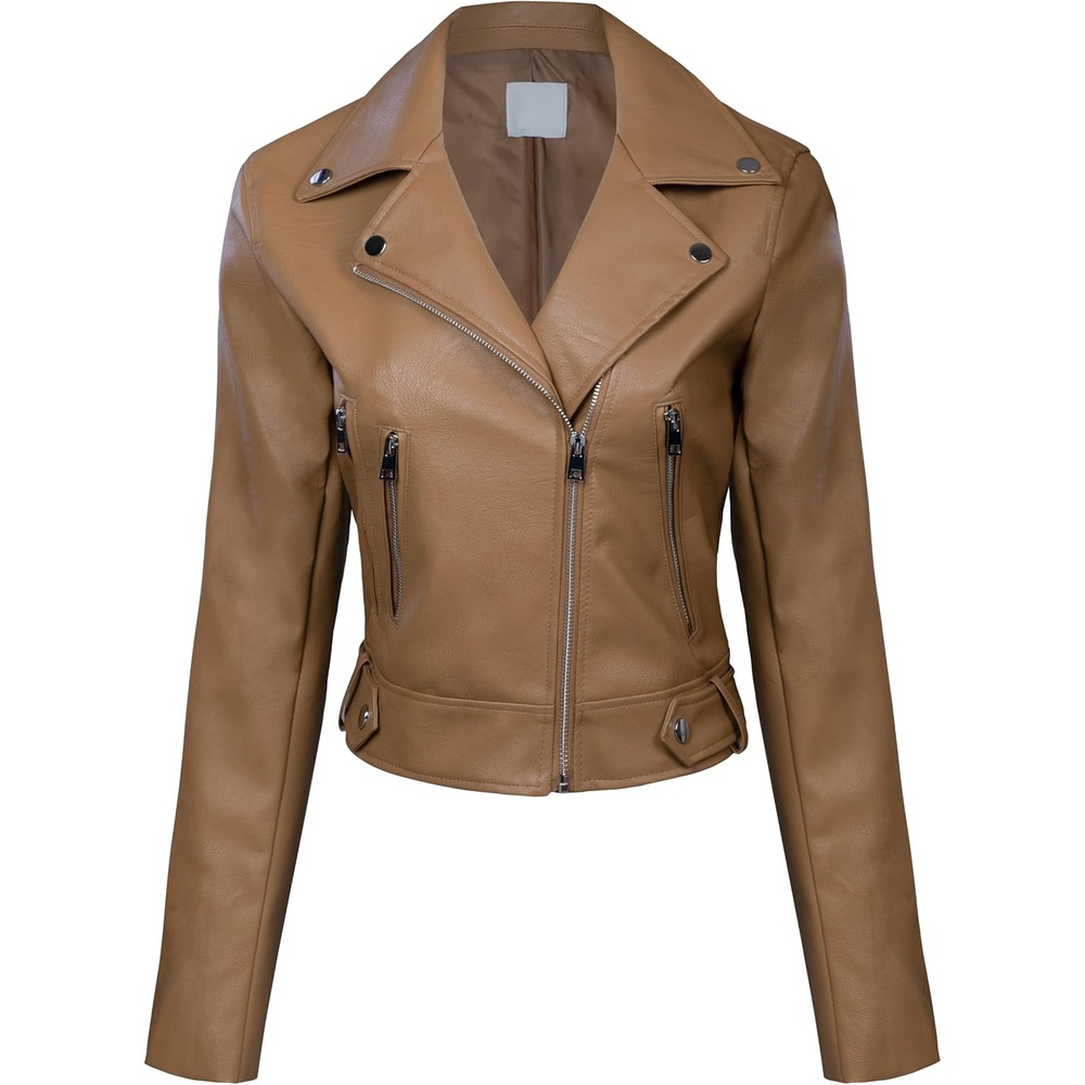 image:imageDesign by Olivia Womens Long Sleeve Zipper Closure Moto Biker Faux Leather JacketA Camel