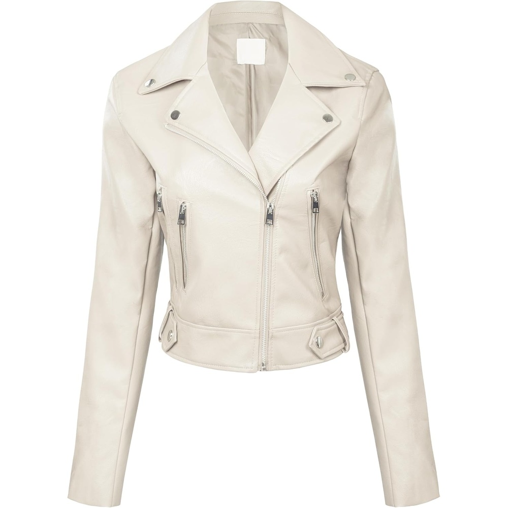 image:imageDesign by Olivia Womens Long Sleeve Zipper Closure Moto Biker Faux Leather JacketA White