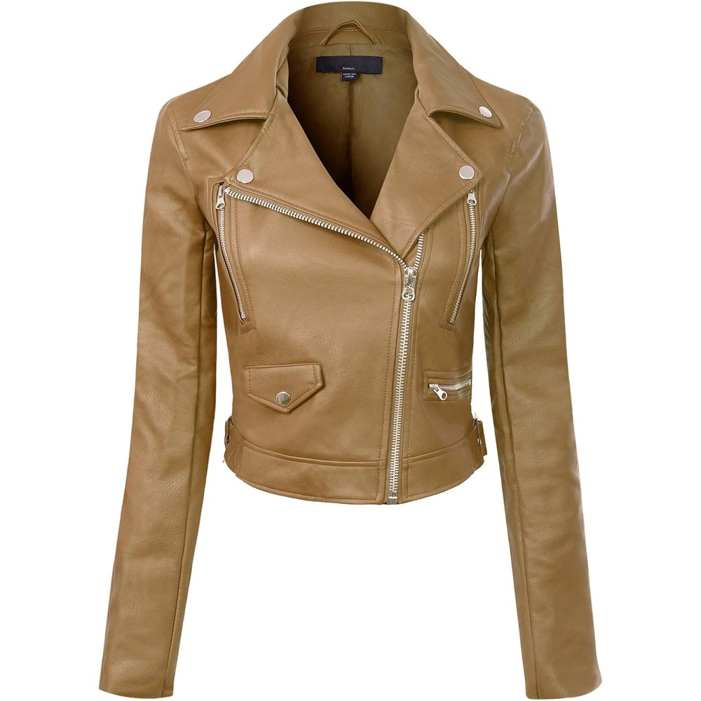 image:imageDesign by Olivia Womens Long Sleeve Zipper Closure Moto Biker Faux Leather JacketCamel