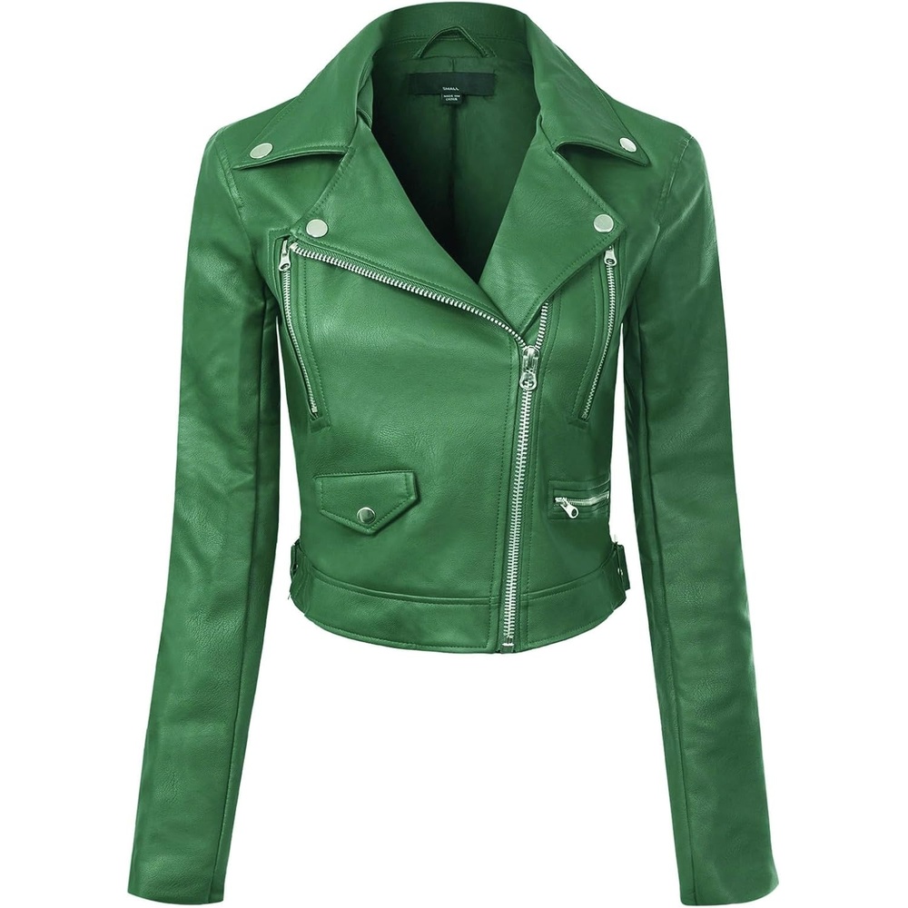 image:imageDesign by Olivia Womens Long Sleeve Zipper Closure Moto Biker Faux Leather JacketKelly Green