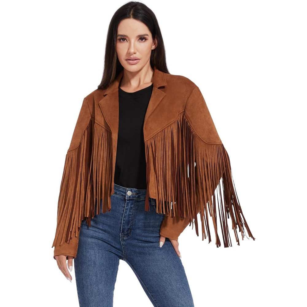 image:imageFahsyee Women Fringe Leather Jacket Faux Suede Cowgirl Outfits Boho Western Cropped Coat Country Concert WearBrown