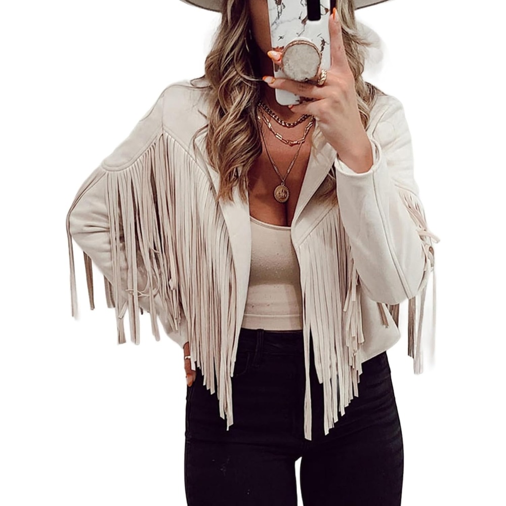 image:imageFaux Suede Leather Jackets For Women Trendy Fall Western Fringe Cropped Jacket 2026 Tassel Motorcycle Crop CoatsBeige