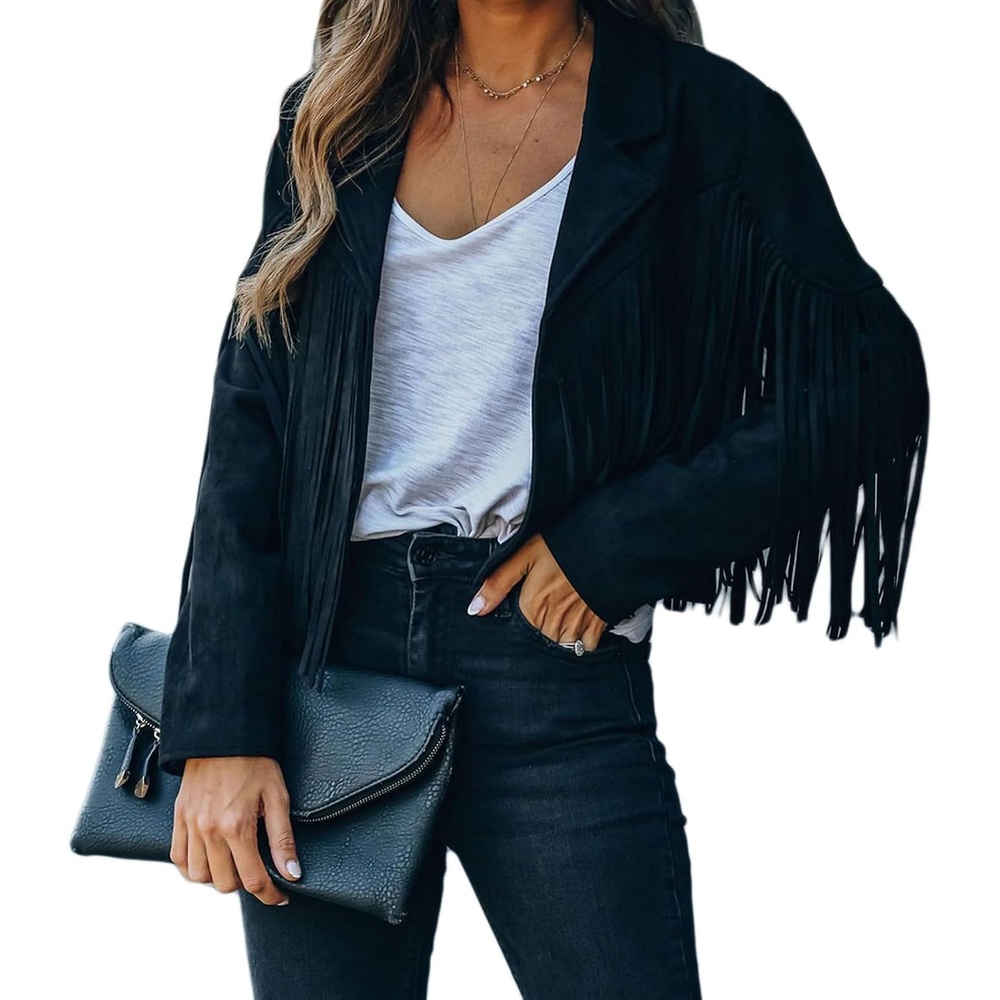 image:imageFaux Suede Leather Jackets For Women Trendy Fall Western Fringe Cropped Jacket 2026 Tassel Motorcycle Crop CoatsBlack