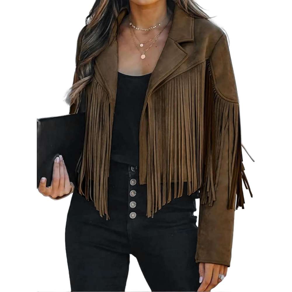 image:imageFaux Suede Leather Jackets For Women Trendy Fall Western Fringe Cropped Jacket 2026 Tassel Motorcycle Crop CoatsDark Brown