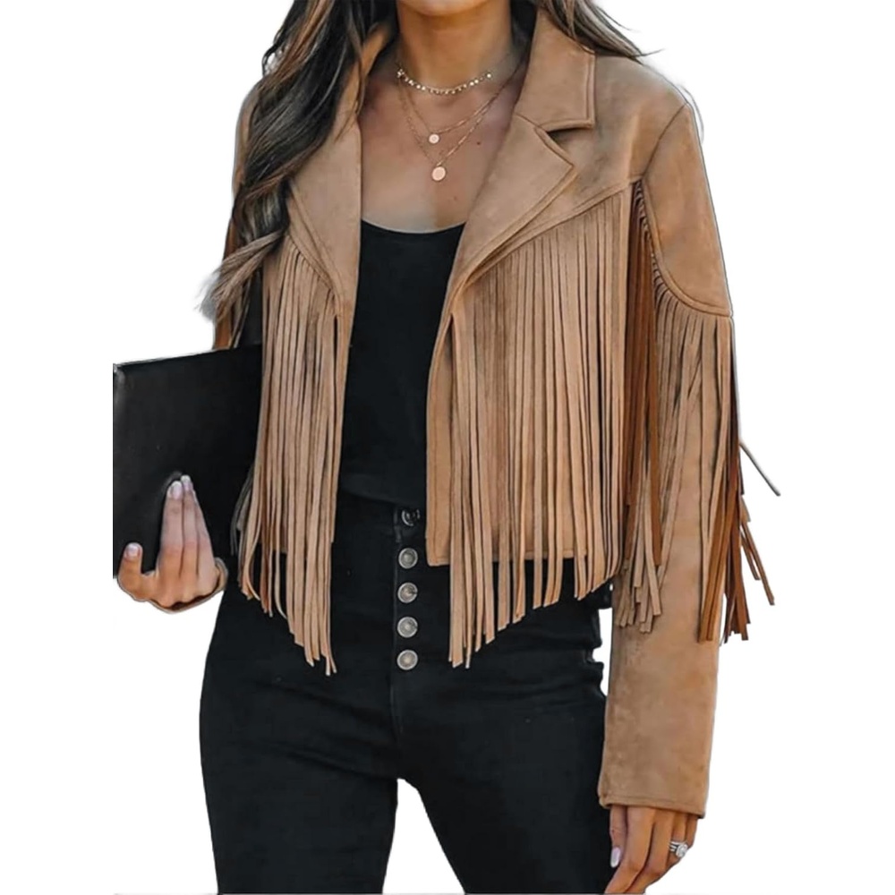 image:imageFaux Suede Leather Jackets For Women Trendy Fall Western Fringe Cropped Jacket 2026 Tassel Motorcycle Crop CoatsDark Khaki