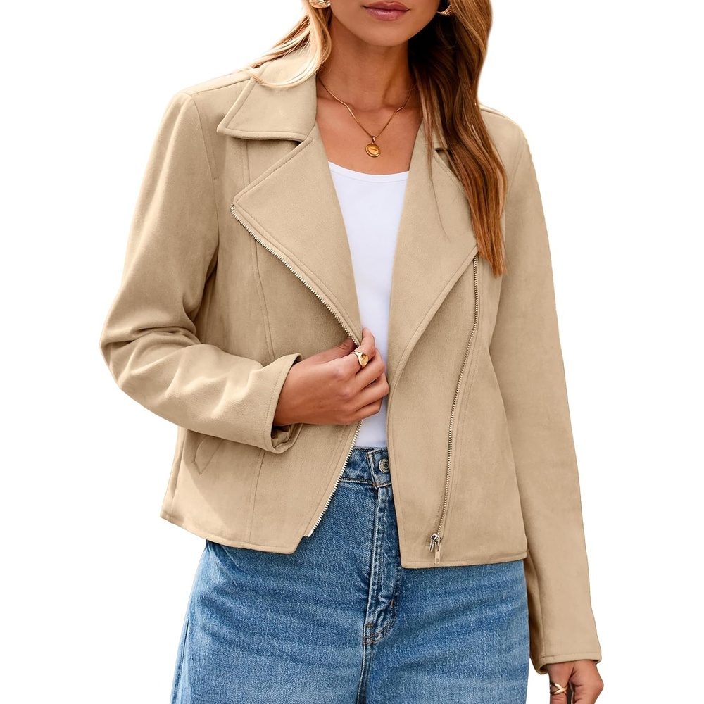 image:imageGlamaker Womens Faux Suede Jackets Long Sleeve Casual Cropped Zipper Biker Moto Jacket Fall Winter OutfitsKhaki