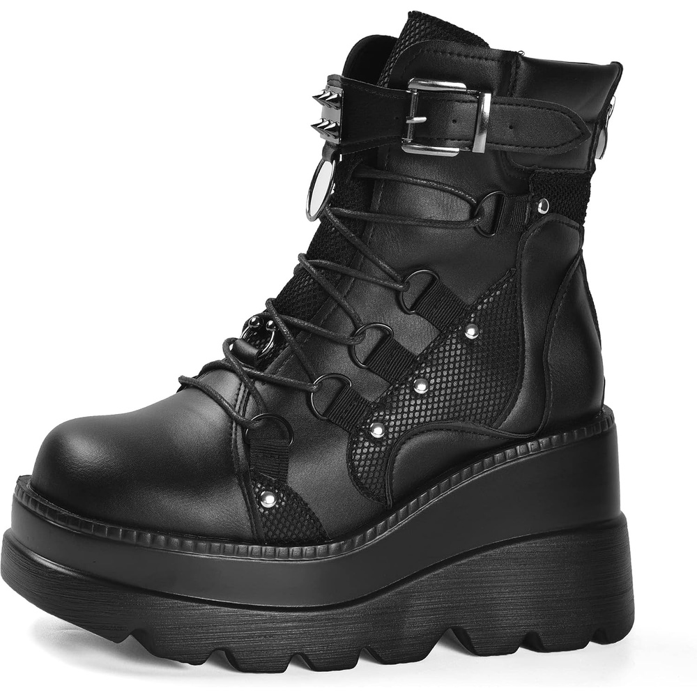 image:imageGothniero Platform Goth Boots for Womem Black Combat Motorcycle Rave Punk emo Boots Chunky Heel Ankle Booties with Side Zip Lace Up Wedge Booties US551132blk