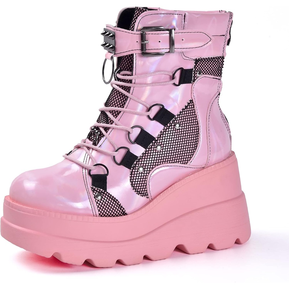 image:imageGothniero Platform Goth Boots for Womem Black Combat Motorcycle Rave Punk emo Boots Chunky Heel Ankle Booties with Side Zip Lace Up Wedge Booties US551132pink