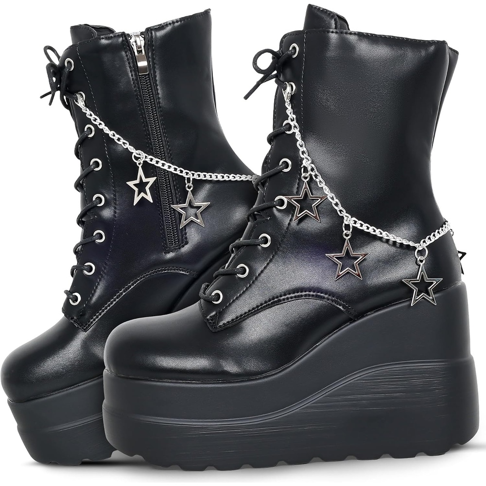 image:imageGothniero Platform Goth Boots for Womem Black Combat Motorcycle Rave Punk emo Boots Chunky Heel Ankle Booties with Side Zip Lace Up Wedge Booties US551101blk