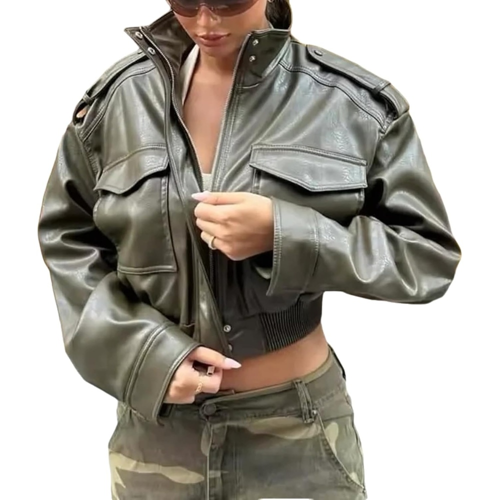 image:imageGreen Leather Jacket Women Stand Collar Zip Up Cropped Leather Jacket Women Trendy 2026A Green