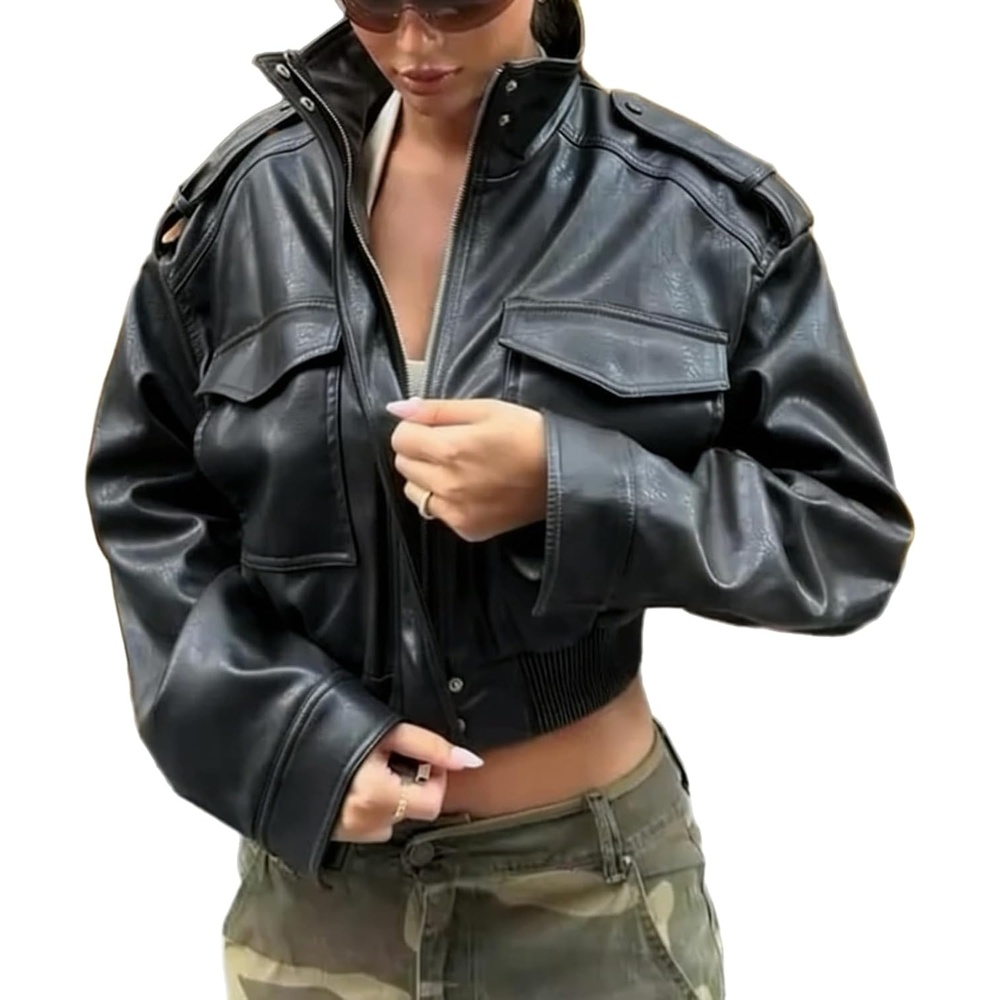 image:imageGreen Leather Jacket Women Stand Collar Zip Up Cropped Leather Jacket Women Trendy 2026Black