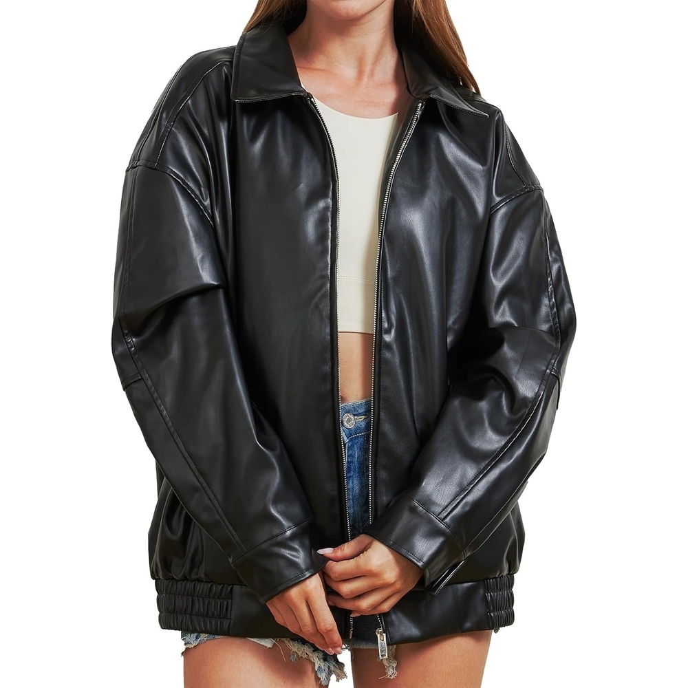 image:imageLeather Jacket Women Oversized Faux Jacket Fall Fashion Motorcycle Coat 2026 Outfits Clothes Y2k TopsBlack