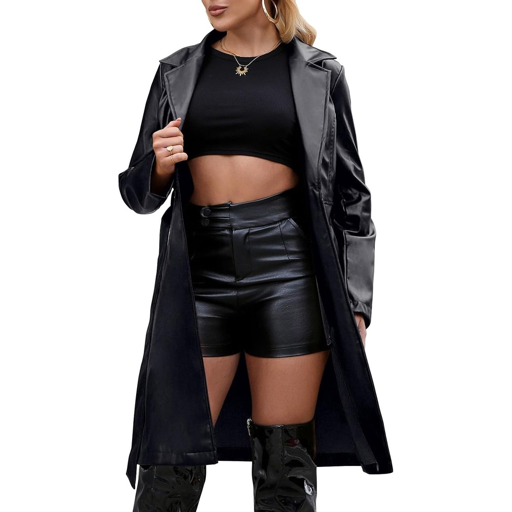 image:imageLeather Jacket Women Trench Coat Long Loose Button Jacket Open Front Motorcycle Coat with BeltBlack