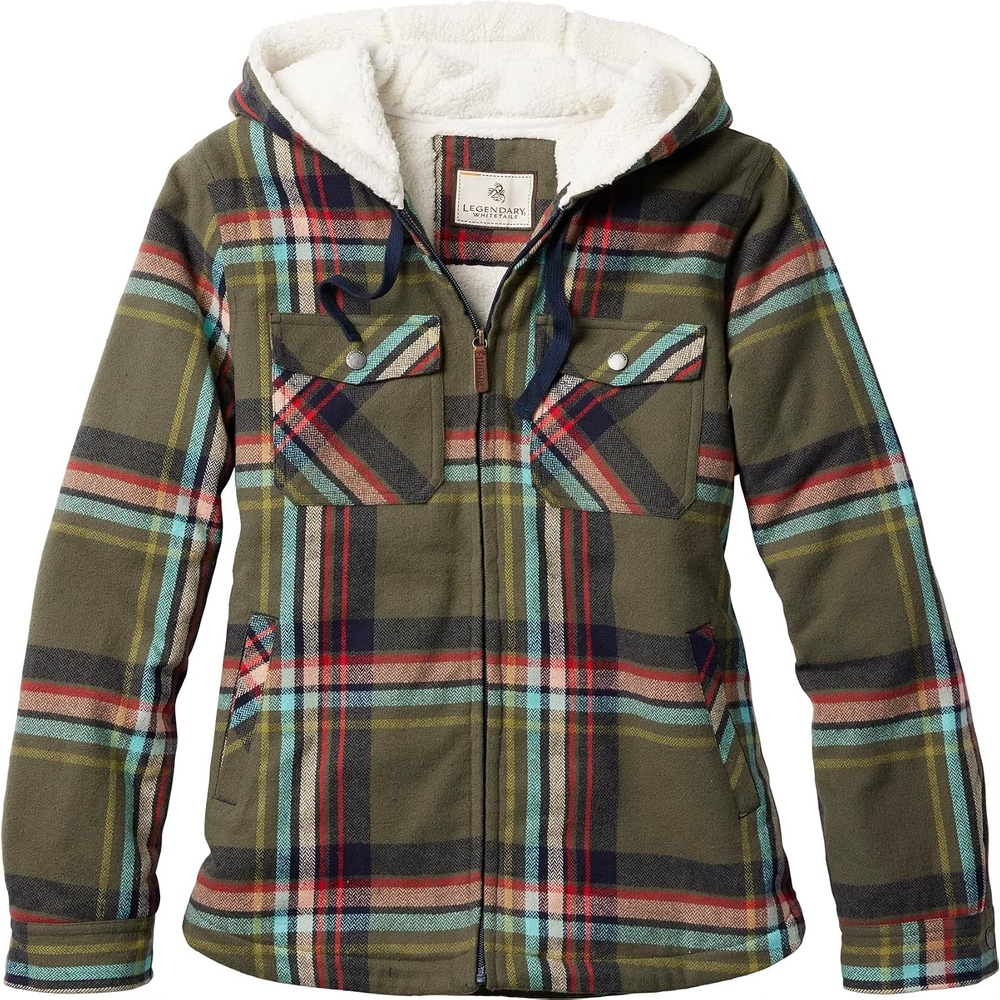 image:imageLegendary Whitetails Womens Hooded Shacket Berber Lined Shirt JacketOlive Festival Plaid