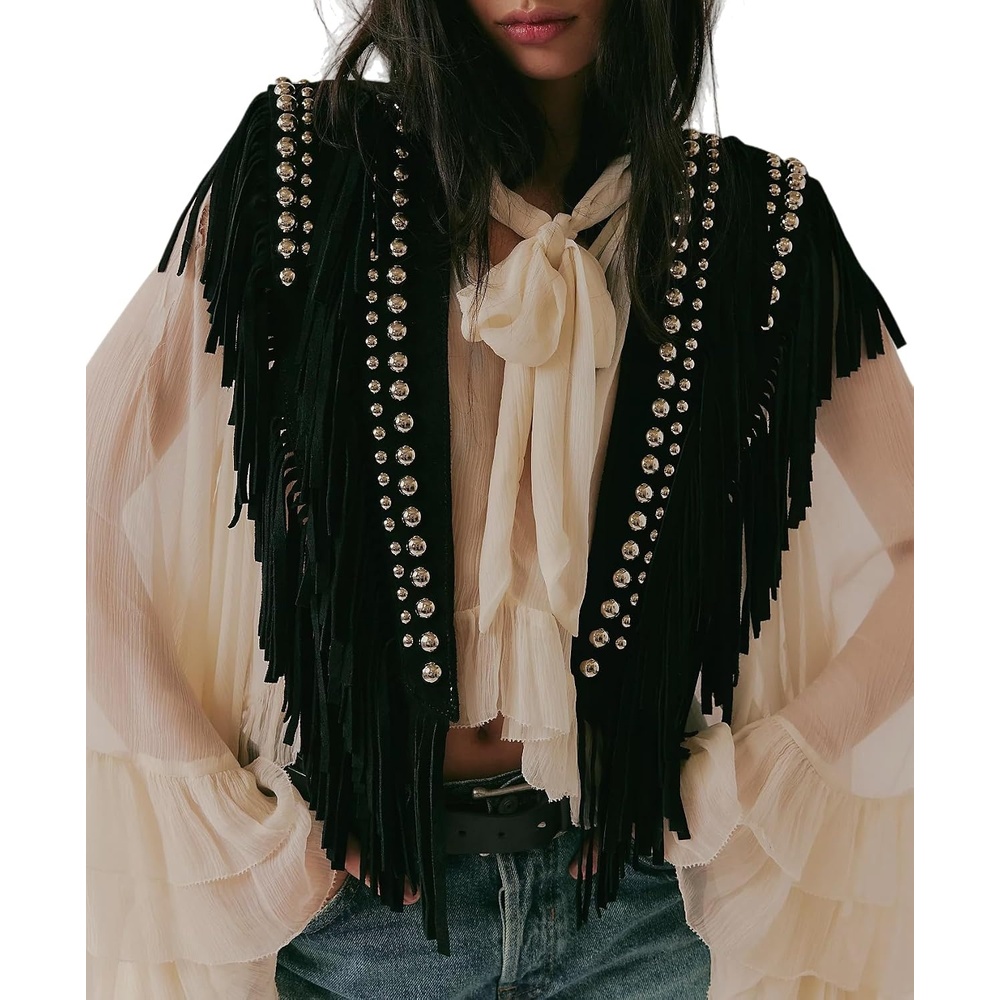 image:imageLuckinbaby Ponchos Collar for Women Studded Faux Suede Shawls Wrap Tassel Open Front Western Cape TopBlack