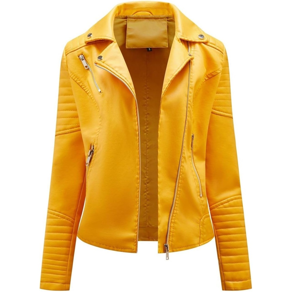 image:imageLus Chic Womens Long Sleeve Faux Leather Jacket Motorcycle Winter PU Coat Biker Moto V Neck Short SnowYellow