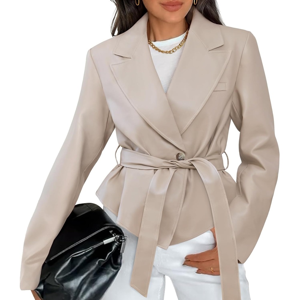 image:imageMEROKEETY Womens Fall Fashion 2025 Leather Jacket Casual Belt Button Down Blazer Trendy Coat OuterwearApricot