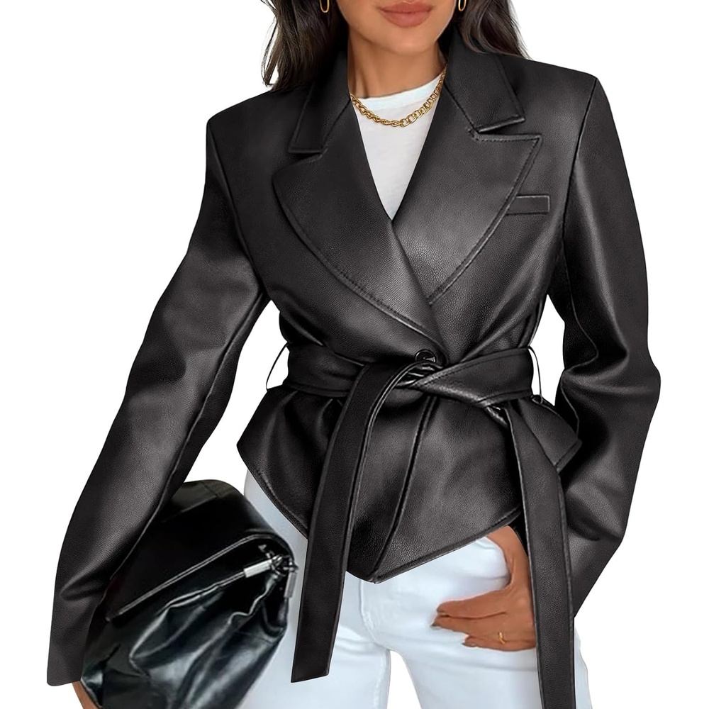 image:imageMEROKEETY Womens Fall Fashion 2025 Leather Jacket Casual Belt Button Down Blazer Trendy Coat OuterwearBlack