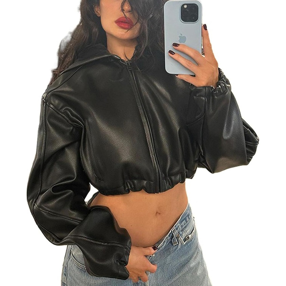 image:imageMandonce Leather Jacket Women Zip up Hoodies Motorcycle Bomber Jacket Streetwear Cropped Trench Coat for WomenBlack