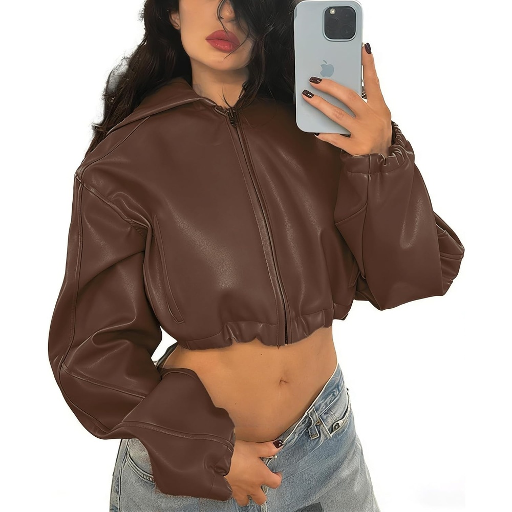 image:imageMandonce Leather Jacket Women Zip up Hoodies Motorcycle Bomber Jacket Streetwear Cropped Trench Coat for WomenBrown