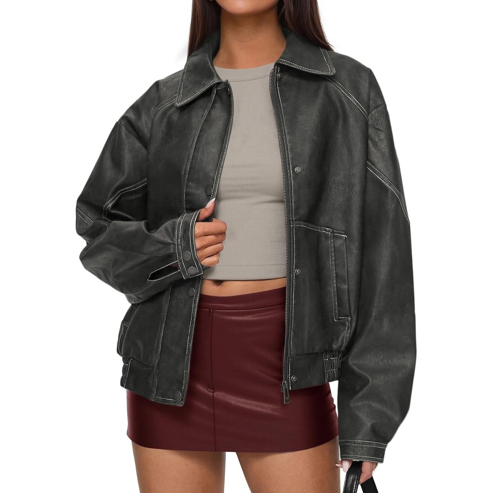 image:imagePRETTYGARDEN Leather Jacket Women Faux Oversized Coat  Motorcycle Bomber Fall Jackets Trendy Fashion Going Out Outfits Travel Winter Clothes Zip Up OuterwearGrey