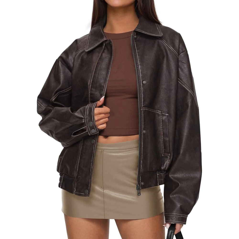 image:imagePRETTYGARDEN Leather Jacket Women Faux Oversized Coat  Motorcycle Bomber Fall Jackets Trendy Fashion Going Out Outfits Travel Winter Clothes Zip Up OuterwearDark Brown