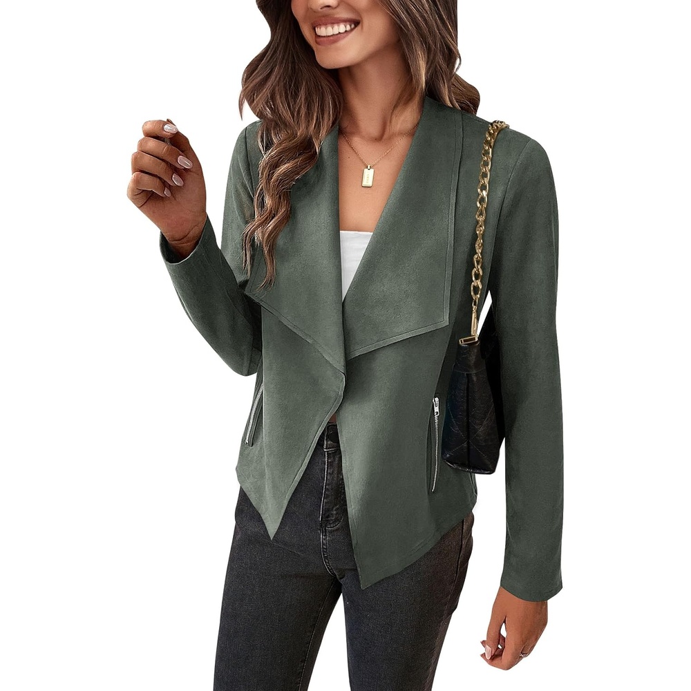 image:imagePRETTYGARDEN Womens Fall Fashion Faux Suede Jackets Long Sleeve Waterfall Collar Open Front Cropped Dressy Casual Jacket with Pockets Trendy Winter Clothes Going Out OutfitsLight Green