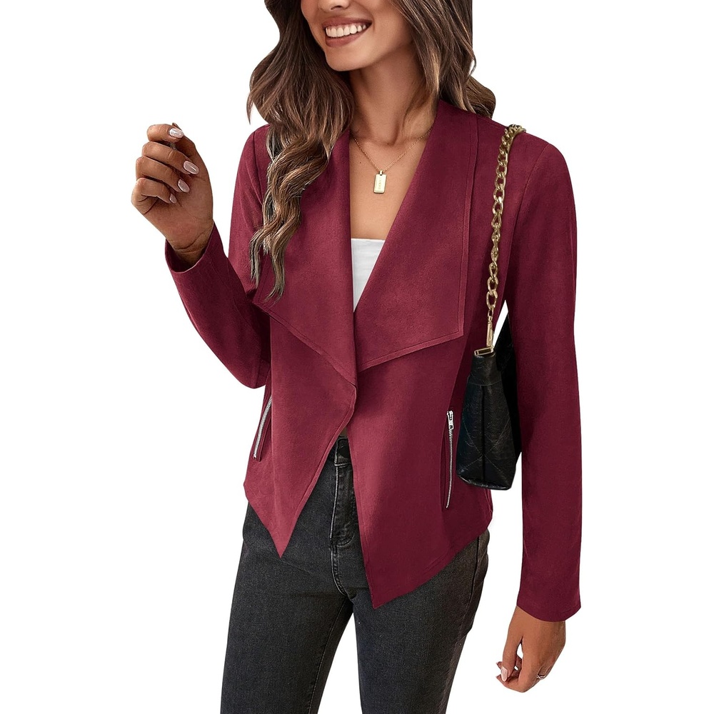 image:imagePRETTYGARDEN Womens Fall Fashion Faux Suede Jackets  Long Sleeve Waterfall Collar Open Front Cropped Dressy Casual Jacket with Pockets Trendy Winter Clothes Going Out OutfitsWine Red