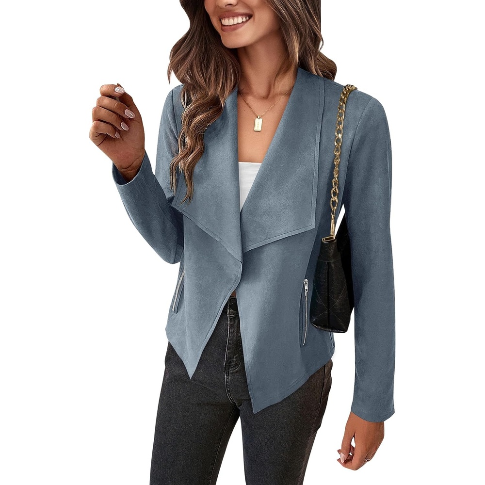 image:imagePRETTYGARDEN Womens Fall Fashion Faux Suede Jackets Long Sleeve Waterfall Collar Open Front Cropped Dressy Casual Jacket with Pockets Trendy Winter Clothes Going Out OutfitsGrey Blue