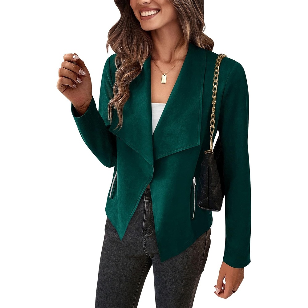 image:imagePRETTYGARDEN Womens Fall Fashion Faux Suede Jackets Long Sleeve Waterfall Collar Open Front Cropped Dressy Casual Jacket with Pockets Trendy Winter Clothes Going Out OutfitsDark Green