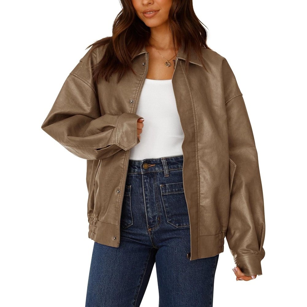 image:imagePRETTYGARDEN Womens Faux Leather Motorcycle Jackets Trendy Fall Spring Clothes Long Sleeve Collared Zip Up Buttons Loose Fit Oversized Jacket Winter Coats Going Out OutfitsKhaki