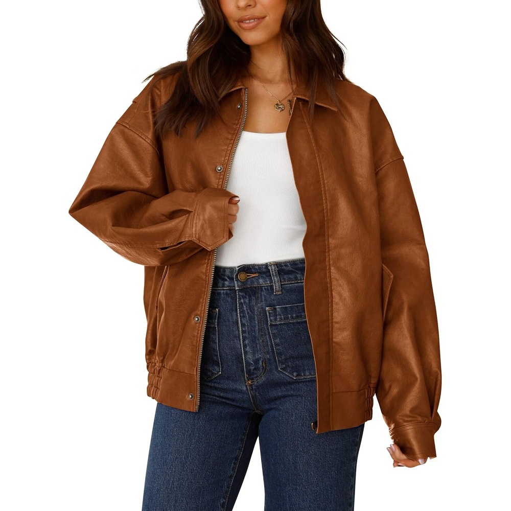 image:imagePRETTYGARDEN Womens Faux Leather Motorcycle Jackets Trendy Fall Spring Clothes Long Sleeve Collared Zip Up Buttons Loose Fit Oversized Jacket Winter Coats Going Out OutfitsBrown