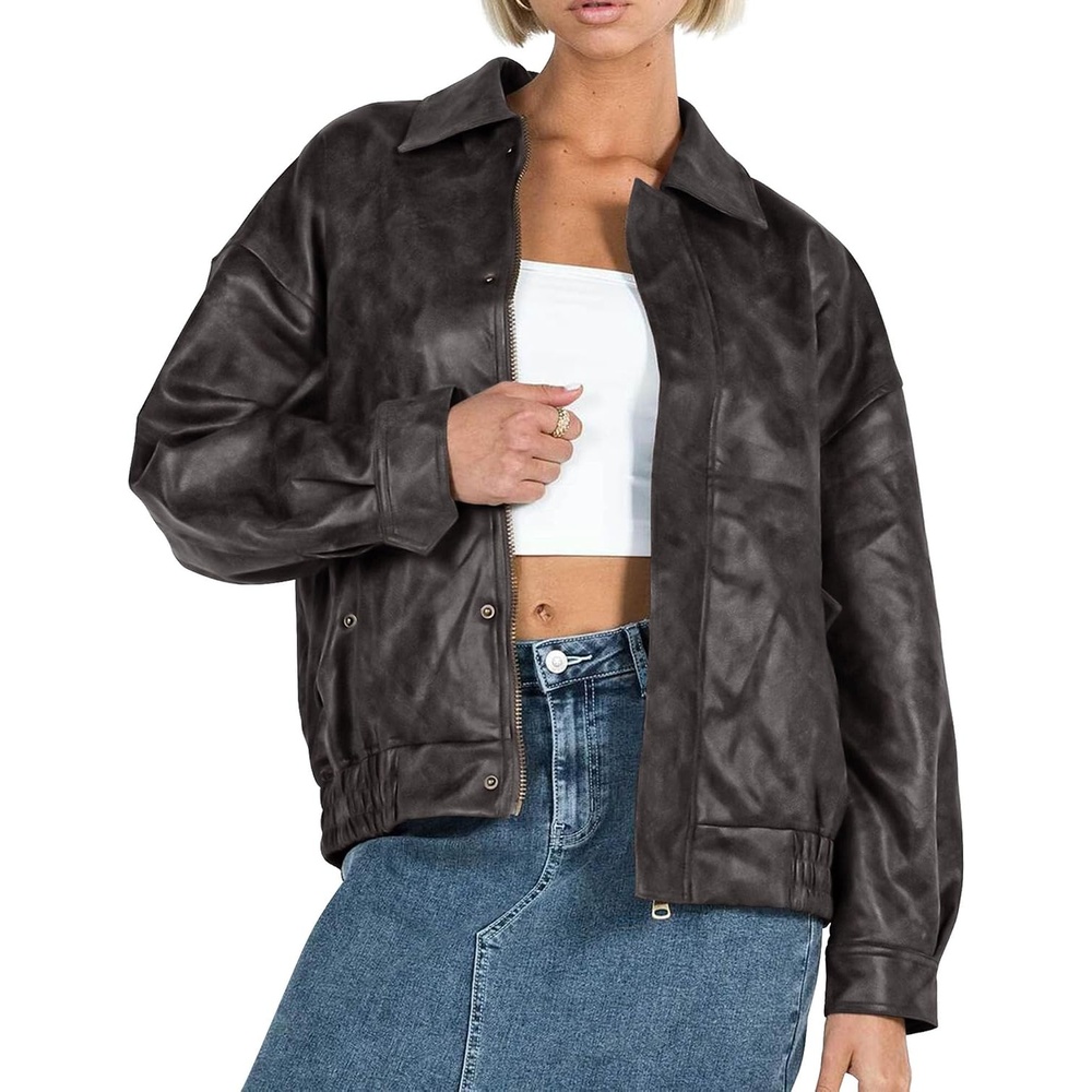image:imagePRETTYGARDEN Womens Faux Leather Motorcycle Jackets Trendy Fall Spring Clothes Long Sleeve Collared Zip Up Buttons Loose Fit Oversized Jacket Winter Coats Going Out OutfitsStyle2black Grey