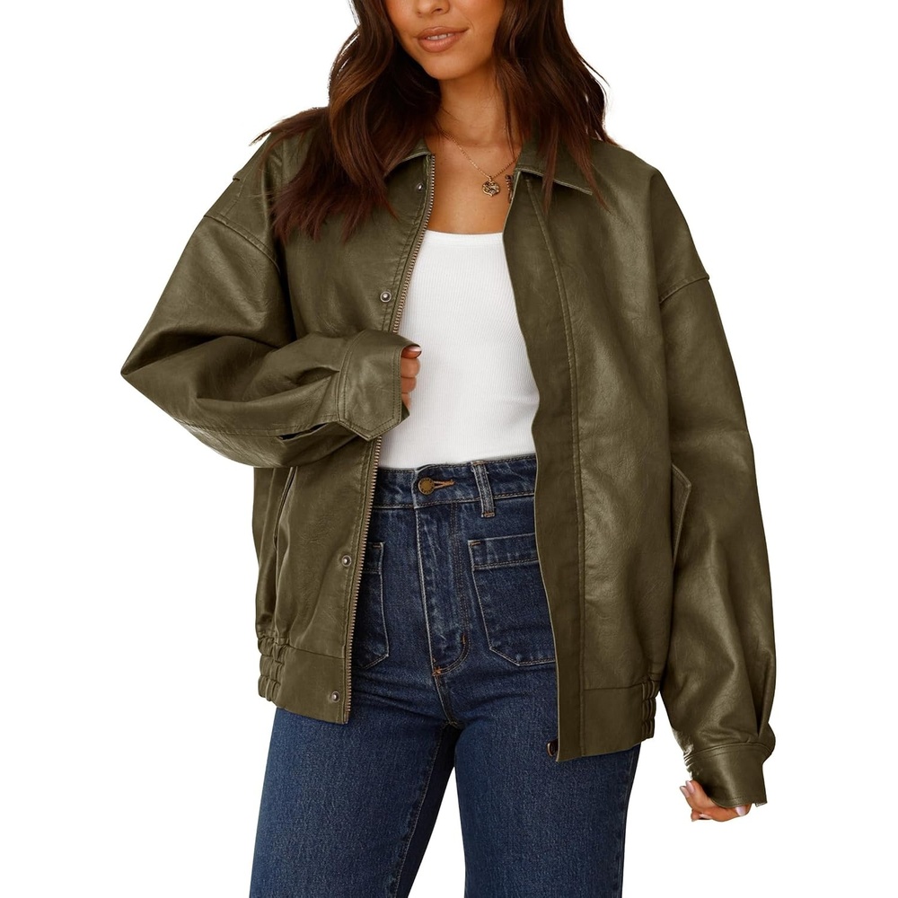 image:imagePRETTYGARDEN Womens Faux Leather Motorcycle Jackets Trendy Fall Spring Clothes Long Sleeve Collared Zip Up Buttons Loose Fit Oversized Jacket Winter Coats Going Out OutfitsArmy Green