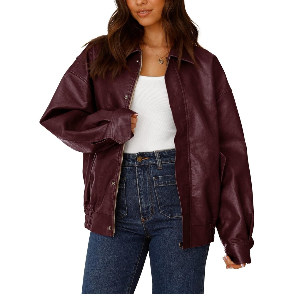 image:imagePRETTYGARDEN Womens Faux Leather Motorcycle Jackets Trendy Fall Spring Clothes Long Sleeve Collared Zip Up Buttons Loose Fit Oversized Jacket Winter Coats Going Out OutfitsWine Red