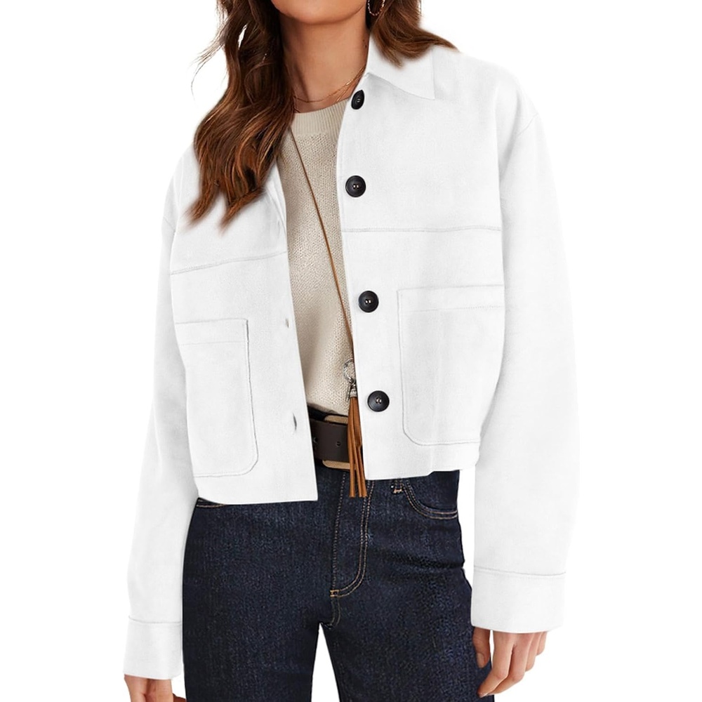 image:imagePRETTYGARDEN Womens Faux Suede Lightweight Cropped Jacket Button Down Collared Shacket Oversized Casual Outerwear Patch Pocket Transitional Layering Piece for Spring Fall amp WinterWhite