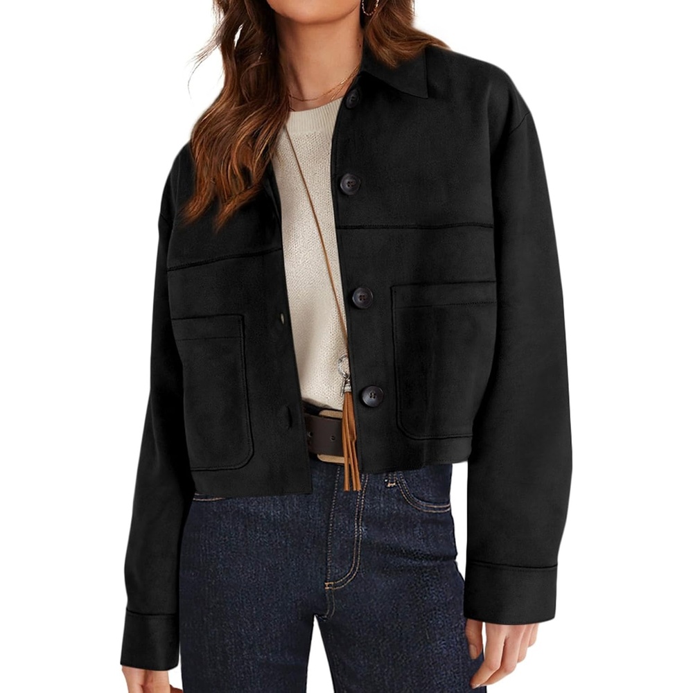 image:imagePRETTYGARDEN Womens Faux Suede Lightweight Cropped Jacket Button Down Collared Shacket Oversized Casual Outerwear Patch Pocket Transitional Layering Piece for Spring Fall amp WinterBlack