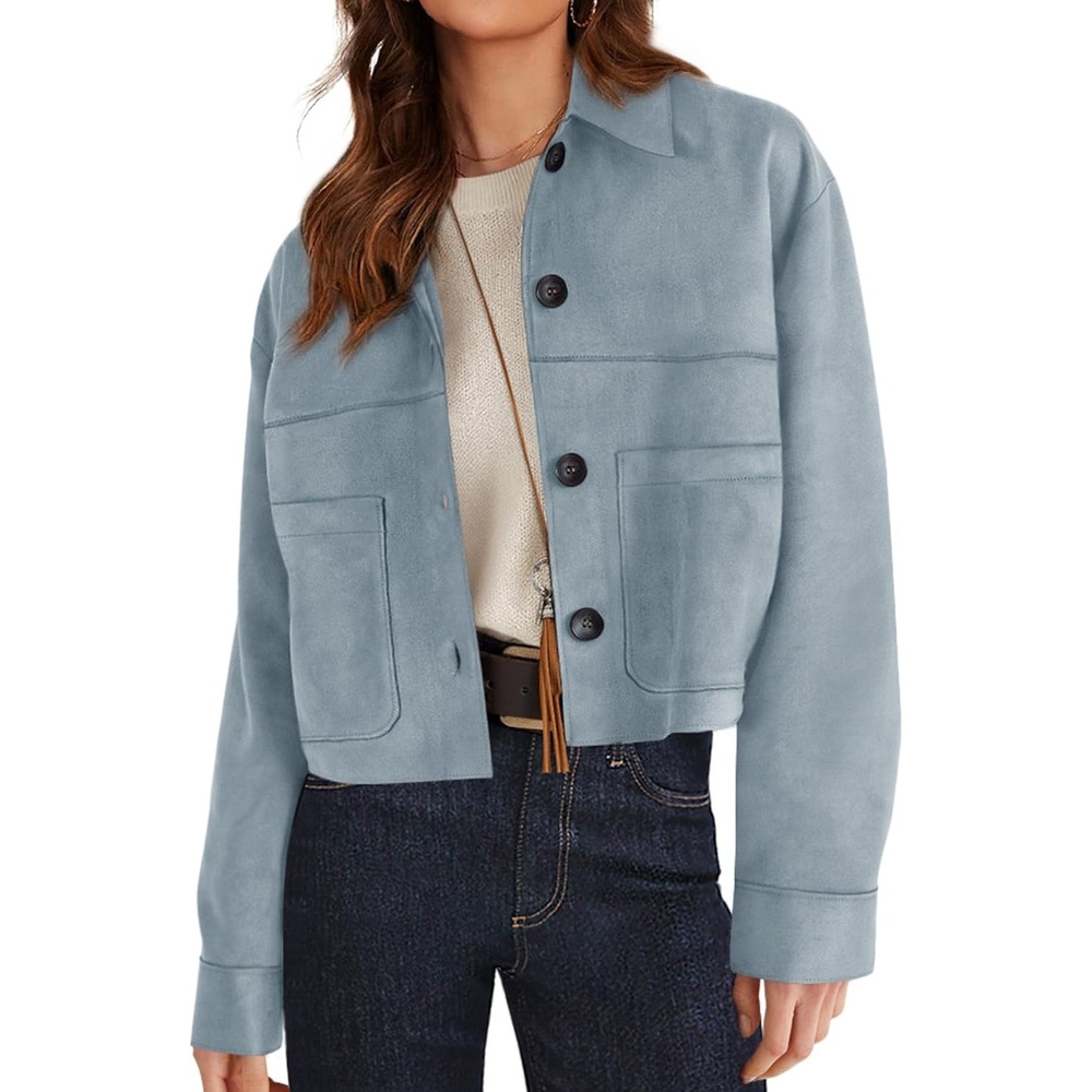 image:imagePRETTYGARDEN Womens Faux Suede Lightweight Cropped Jacket Button Down Collared Shacket Oversized Casual Outerwear Patch Pocket Transitional Layering Piece for Spring Fall amp WinterLight Blue