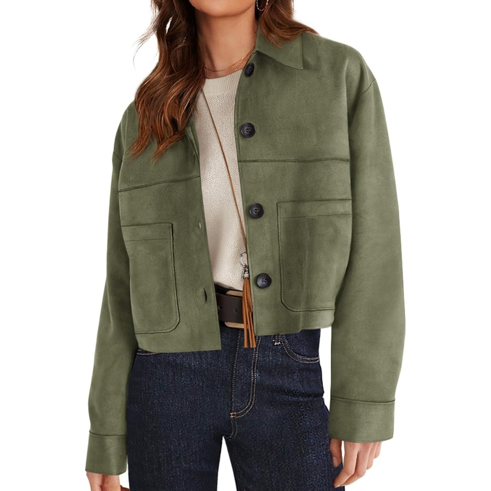 image:imagePRETTYGARDEN Womens Faux Suede Lightweight Cropped Jacket Button Down Collared Shacket Oversized Casual Outerwear Patch Pocket Transitional Layering Piece for Spring Fall amp WinterArmy Green
