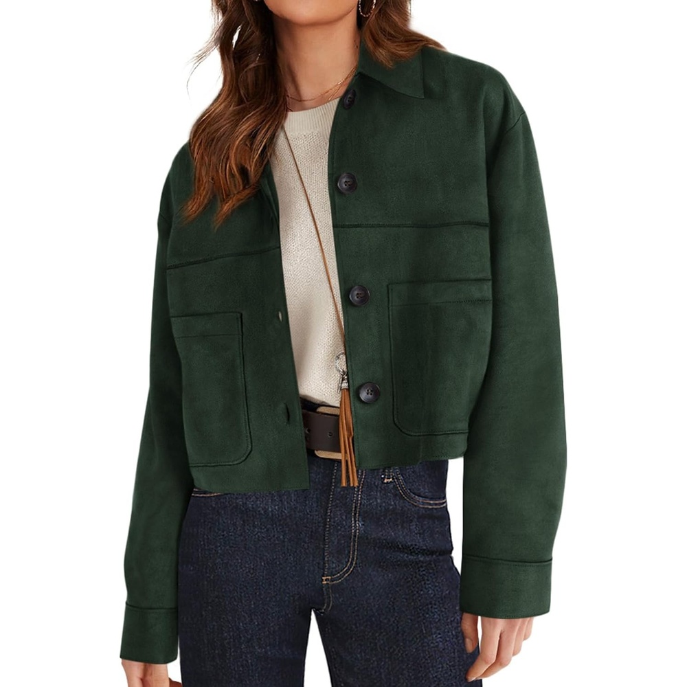image:imagePRETTYGARDEN Womens Faux Suede Lightweight Cropped Jacket Button Down Collared Shacket Oversized Casual Outerwear Patch Pocket Transitional Layering Piece for Spring Fall amp WinterDark Green